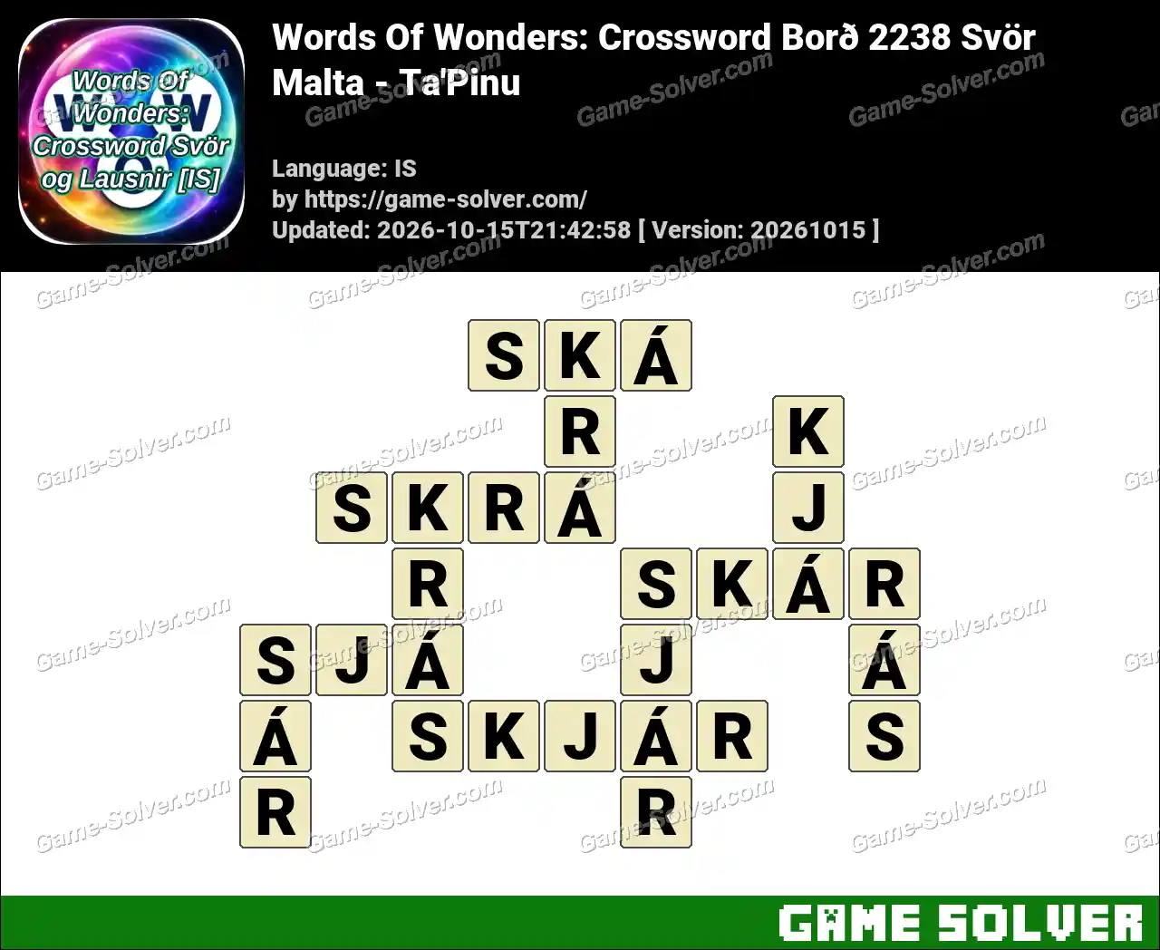 Words Of Wonders: Crossword Borð 2238 Svör – Malta – Ta’Pinu